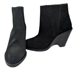 SEY 10 Black Suede Wedge Heel Pull On Almond Toe Ankle Booties Wilano